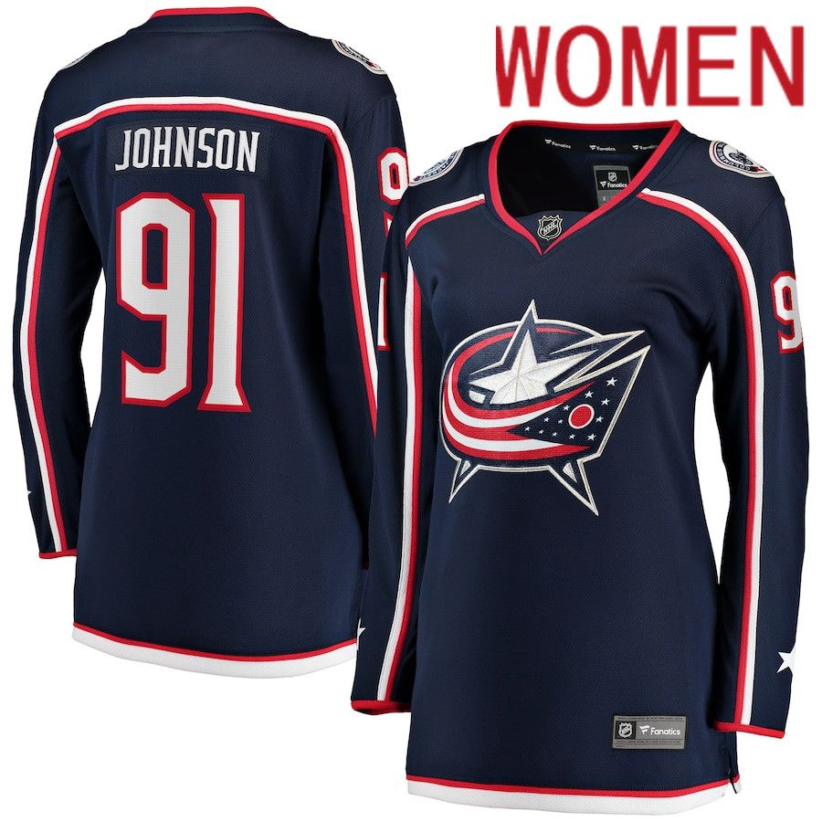 Women Columbus Blue Jackets 91 Kent Johnson Fanatics Branded Navy Home Breakaway Player NHL Jersey
